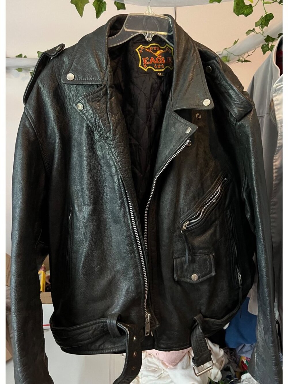 Vintage 90’s Eagle Leather Motorcycle Jacket With Quilted Lining Belted Size 58